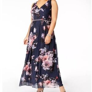 SLNY metallic floral beaded waistline maxi dress